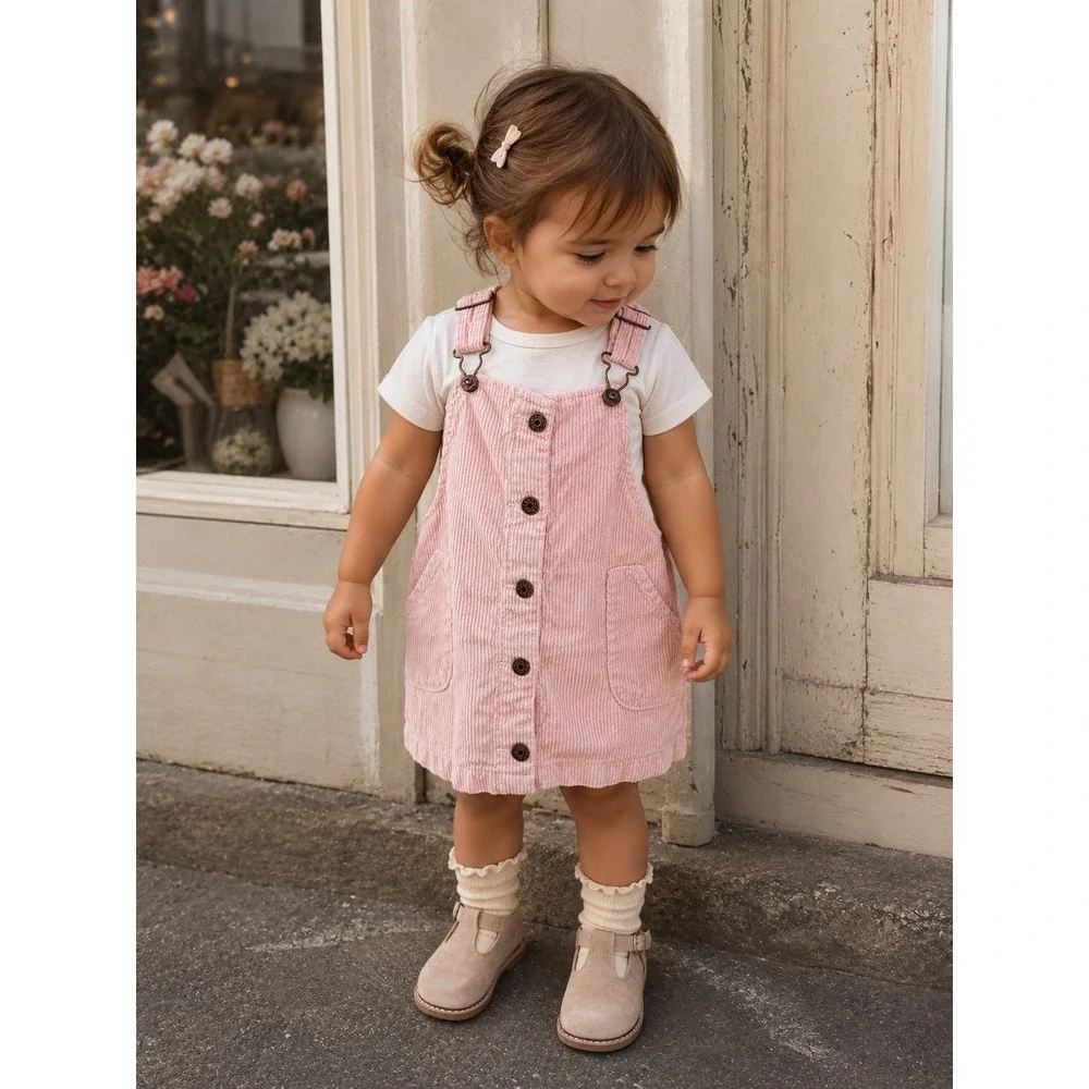 OshKosh B'gosh Pink Corduroy Overall Dress 18M Baby Girl Button Front Cotton